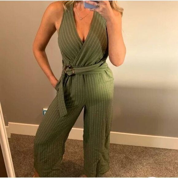 Flying Tomato Olive Green Summer Jumpsuit Small Striped - Picture 1 of 8